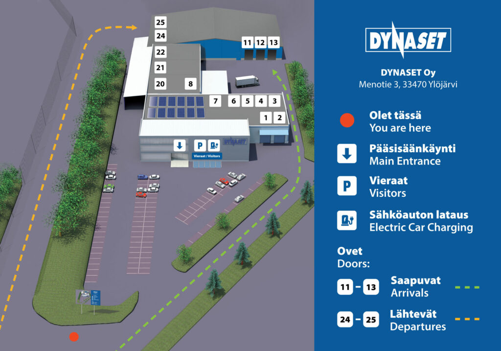 Here is an illustrated map of Dynaset’s premises from the top left. The map is marked with a red spot where the viewer is. Also the map is marked with the main entrance, guest parking, electric car charging point, door numbers and doors for arrivals and departures marked with arrows.