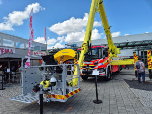 At the Interschutz trade show in Hannover, Germany, Vema lifts’ booth featured both the Lapland Rescue Department’s aerial ladder unit and another similar unit, shown in the photo.