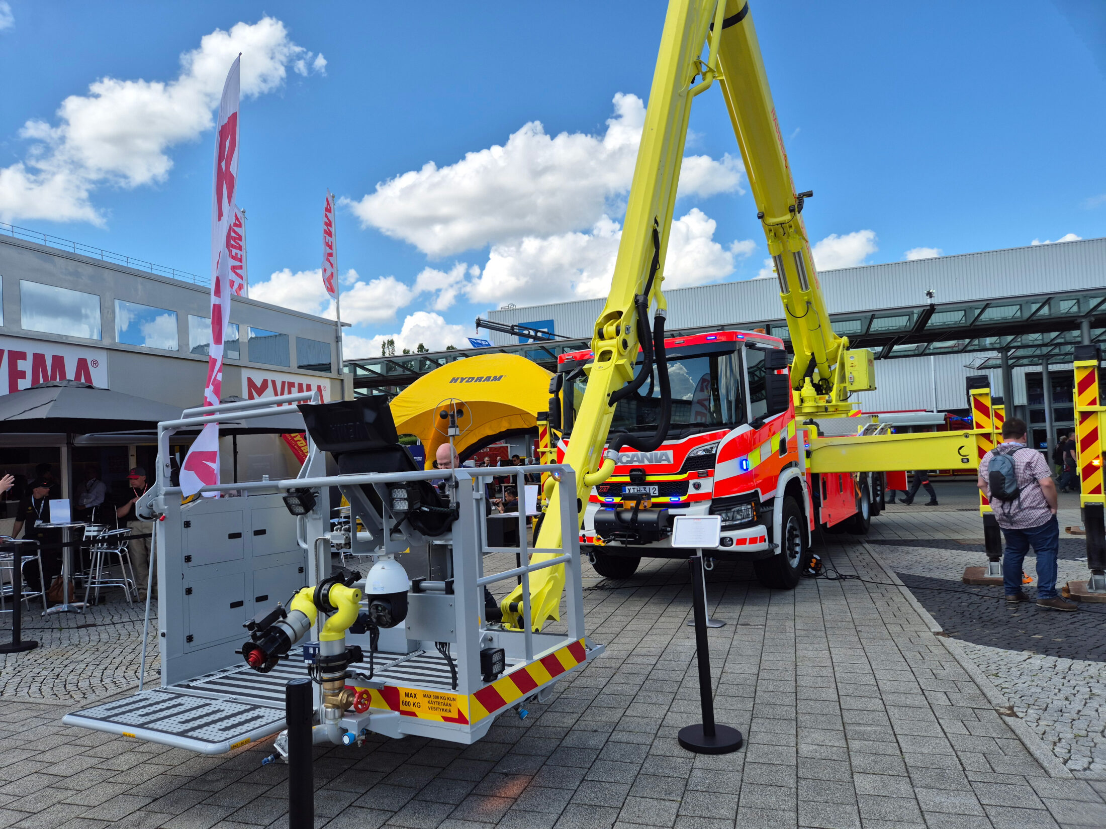 At the Interschutz trade show in Hannover, Germany, Vema lifts’ booth featured both the Lapland Rescue Department’s aerial ladder unit and another similar unit, shown in the photo.